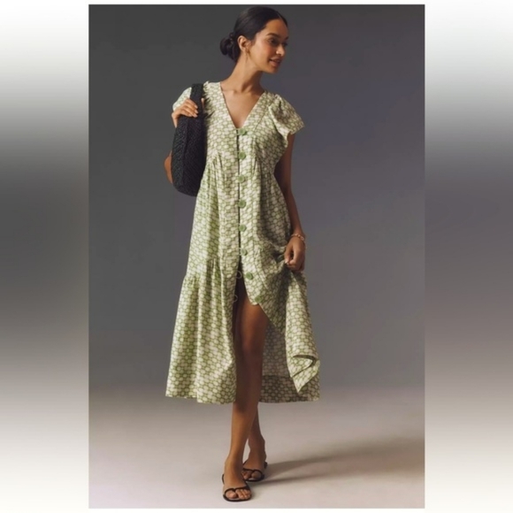 Anthropologie Dresses & Skirts - NWOT Anthropologie Renee Flutter Sleeve Linen Green Button Up Midi Shirt Dress